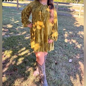 Elegant Long Sleeve Velvet Dress in Gold